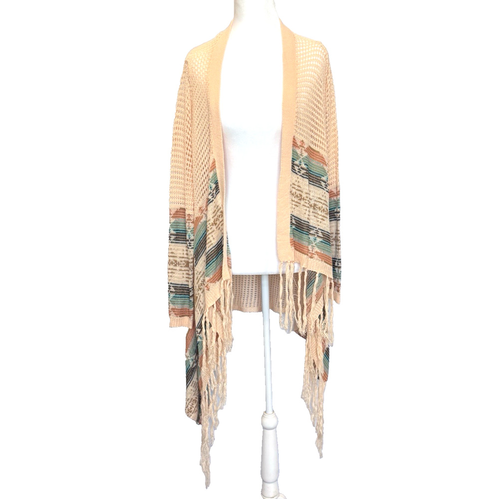 Questions‎ Womens Open Knit Cardigan Duster Size M Peach Fringe Coastal Boho